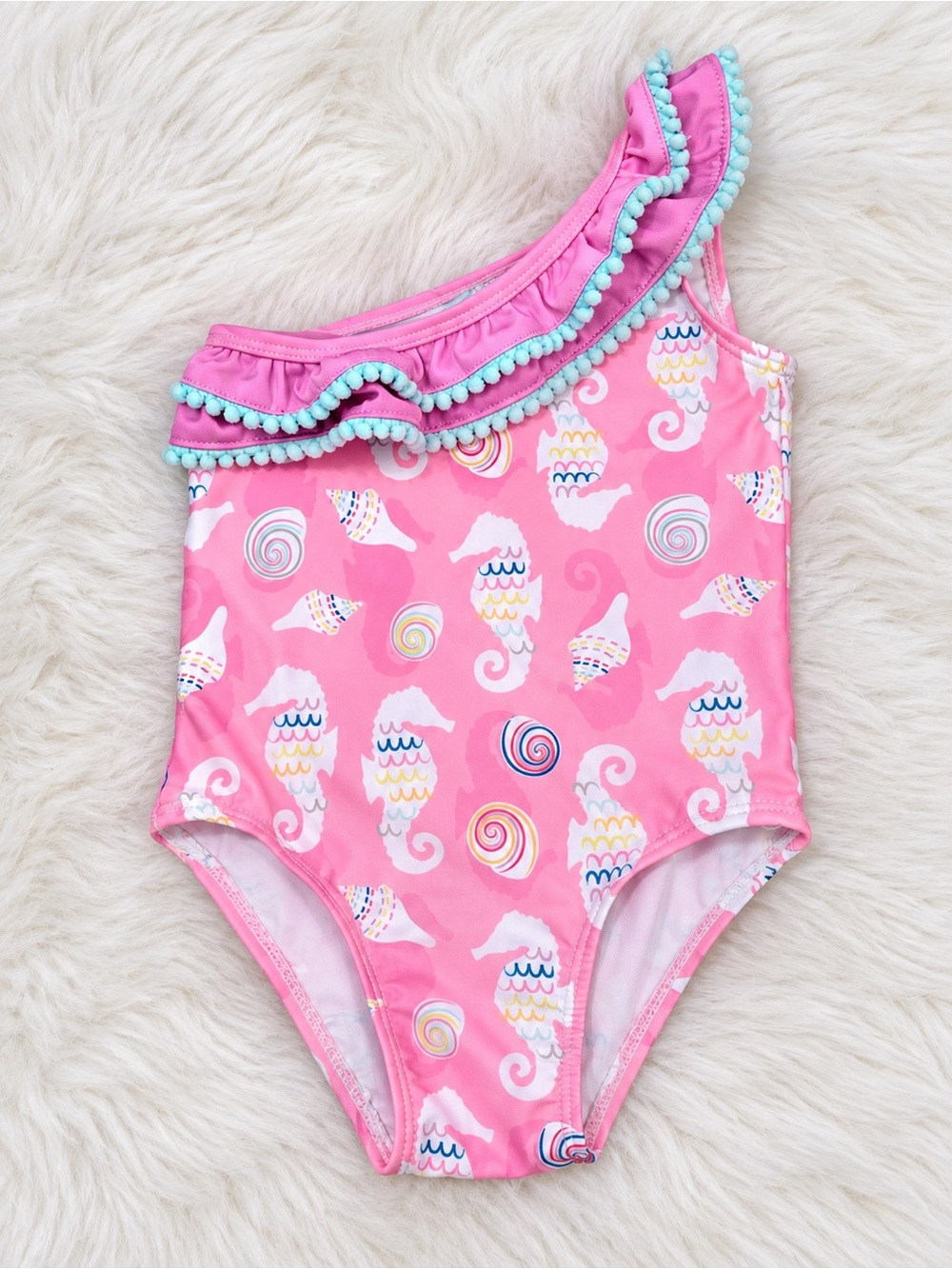 Girls' Pink Seahorse One-Shoulder Swim Suit with Pom-Trim Ruffle